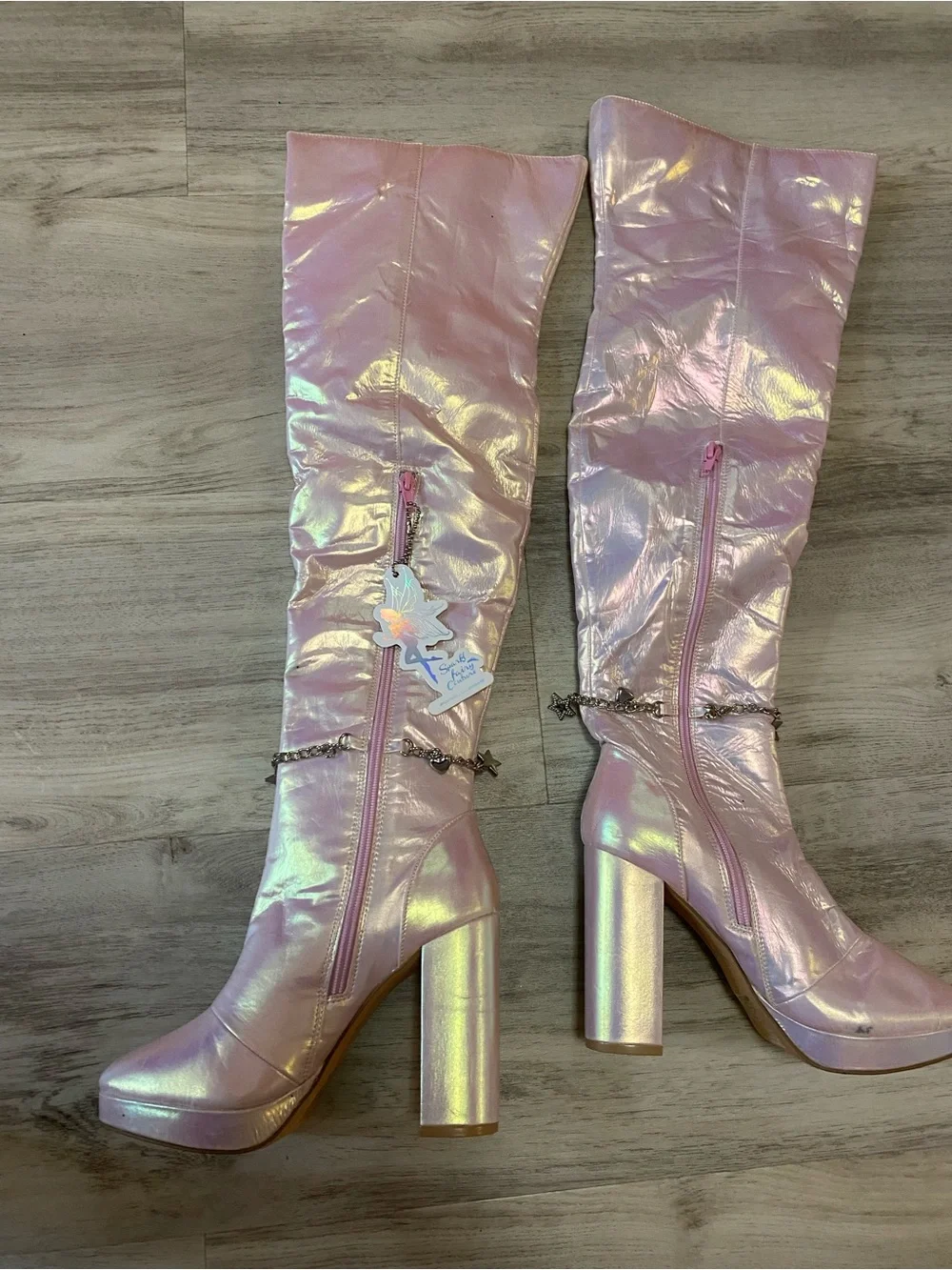 Sparkl Fairy Couture Iridescent Pink Knee-High Block Heel Boots NWT